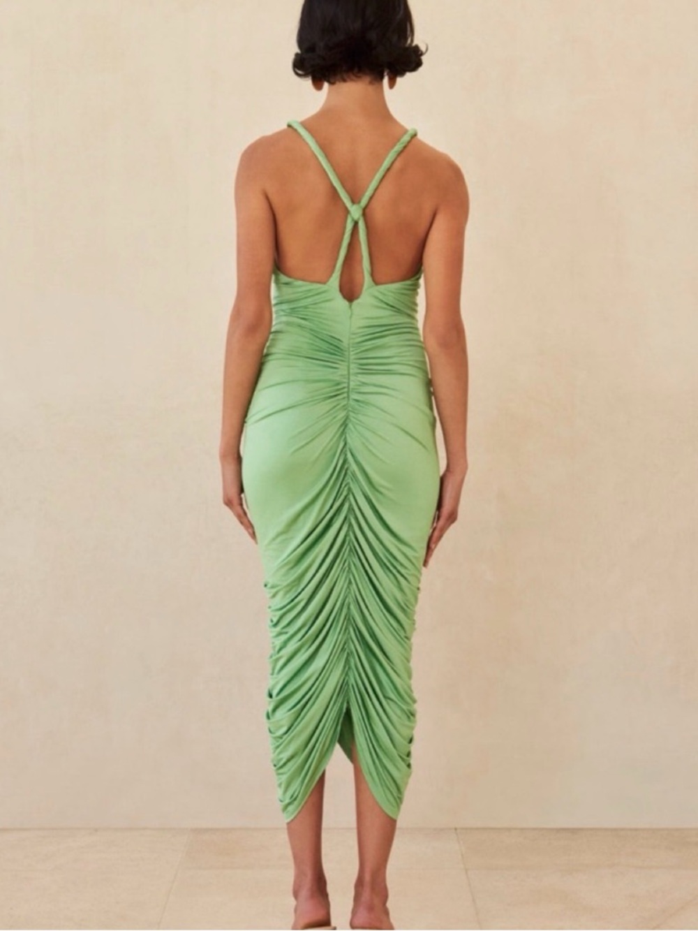 Cult Gaia Jalina Ruched Gold Detail Bodycon Green Midi Dress Size Small FLAW - Picture 3 of 11